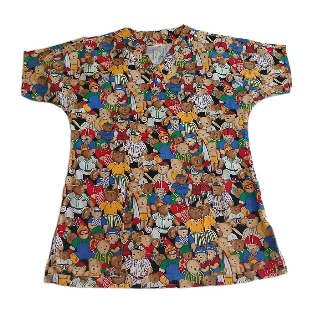 White Cross Scrub Top Women S Bear Novelty Print V-Neck Pediatric Nurse Cotton